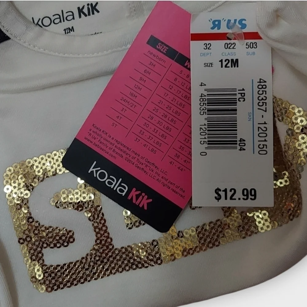 NWT Koala KiK White Selfie Bodysuit with Gold Sequin Design ~sz 12M